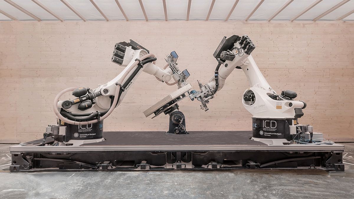 BUGA Wood Pavilion: Robotic fabrication platform with two industrial robots