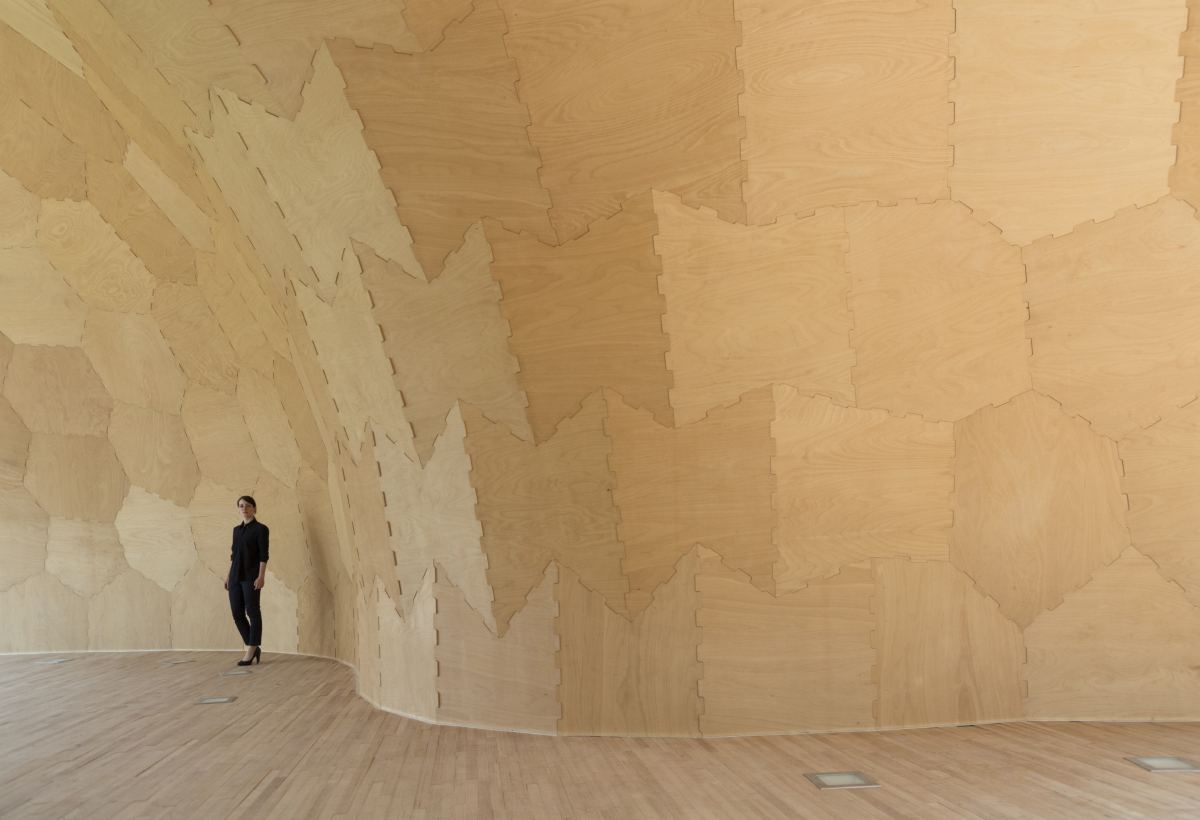 Landesgartenschau Exhibition Hall: Visitor inside the plywood plate shell