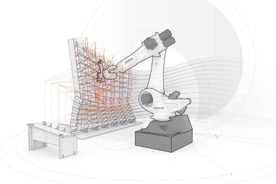 Robot-Assisted Assembly in Wood Construction: Drawing of the robot placing timber elements