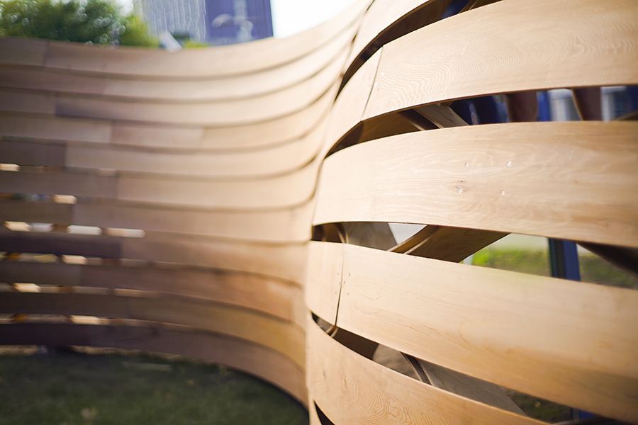 Robot Made: Double-Layered Diagrid Facade: Close-up of the double-layered timber lattice
