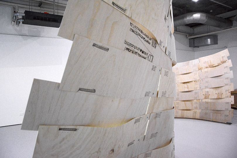 Robotic Sewing of Elastically Bent Plywood: Close-up of the sewn plywood seams