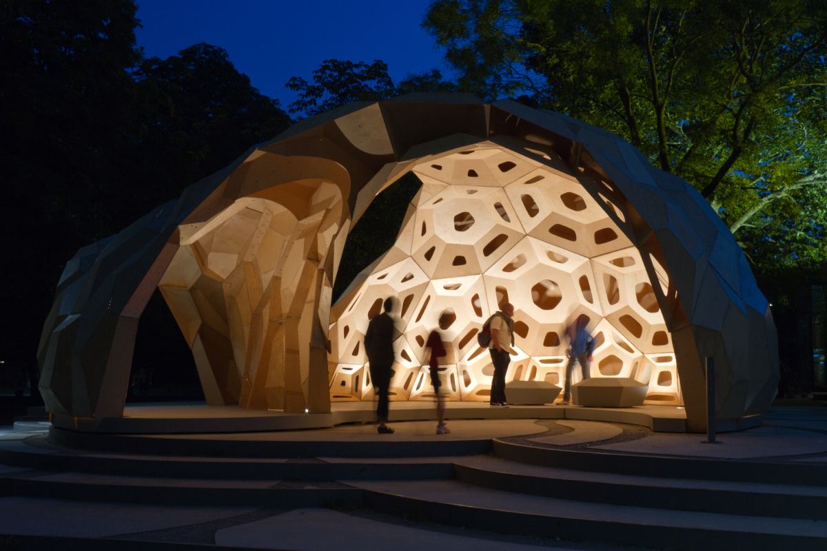 ICD/ITKE Research Pavilion 2011: Pavilion lit from inside at night