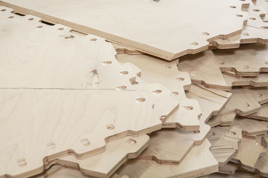 Segmented Timber Shell: Finger-jointed plywood plates before assembly